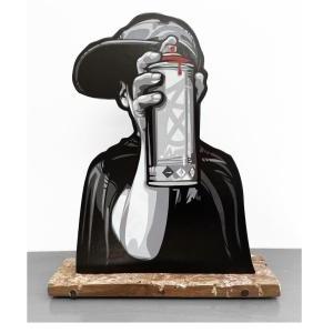 The Story Goes/ Spray paint on hand scrolled wooden cutout, Reclaimed wooden base from Indonesian fishing vessel, Satin polycrylic finish, Freestanding / H58 x W48 x D13 cm/ 2022