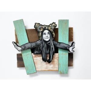 New Spring/ Spray paint, Hand scrolled wooden cutout, Reclaimed wood assemblage shellac, Satin polycrylic finish / H38 x W40 x D6 cm/ 2022