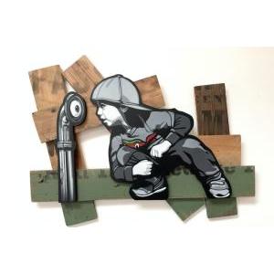 The People Downstairs/ Spray paint, Hand scrolled wooden cutouts, Reclaimed wood assemblage shellac, Satin polycrylic finish/ H56 x W71 x D5 cm/ 2022