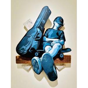 Strings Attached (Moon Blue) / Spray paint on hand scrolled wooden cutout, Satin varnish, Wood assemblage / H71 x W53 x D6 cm / 2023