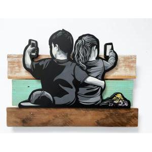 Modern Love/ Spray paint, Hand scrolled wooden cutout, Reclaimed wood assemblage shellac, Satin polycrylic finish/ H50 x W68 x D5 cm/ 2022
