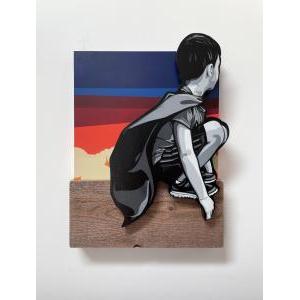 The Guardian/ Acrylic spray paint, Wooden cutout, Shiplap, assemblage on panel board, Satin varnish/ H43.2 x W32.1 x D6.9 cm/ 2021