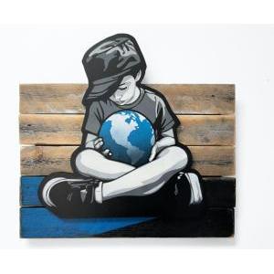 Inheritance/ Spray paint, Hand scrolled wooden cutout, Reclaimed wood assemblage shellac, Satin polycrylic finish/  H56 x W61 x D5 cm/ 2022