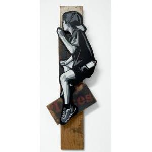 Gotta Get Over To Get Up/ Spray paint, Hand scrolled wooden cutout, Reclaimed wood assemblage shellac, Satin polycrylic finish/ H60 x W23 x D5 cm/ 2022