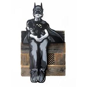 Batkid Returns Home (With A Sidekick)/ Spray paint on hand scrolled wooden cutout, Reclaimed wood assemblage, Satin polycrylic finish/ H60 x W35 x D6 cm/ 2022