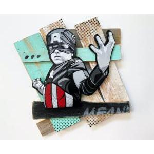 Captain/ Spray paint, Hand scrolled wooden cutout, Reclaimed wood assemblage shellac, Satin polycrylic finish/  H61 x W56 x D8 cm/ 2022