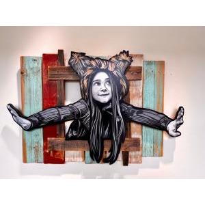 New Spring/ Spray paint, Hand scrolled wooden cutout, and reclaimed wood assemblage Shellac and satin polycrylic finish/ H113 x W75 x D7 cm/ 2022