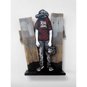 Facade #2 (Rise Above) / Acrylic spray paint, Wooden cutout, Reclaimed wood assemblage, Satin varnish/ H43.2 x W33 x D5.7 cm/ 2021